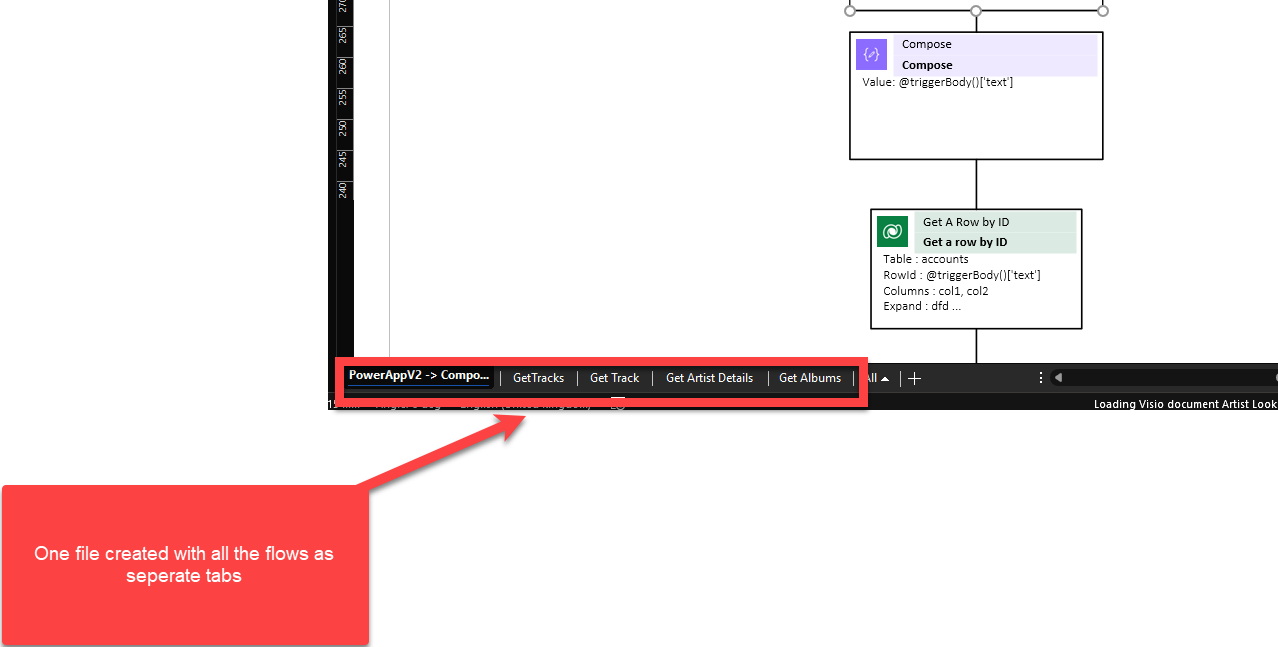 Image showing multiple tabs in Visio, one for each Power Automate selected