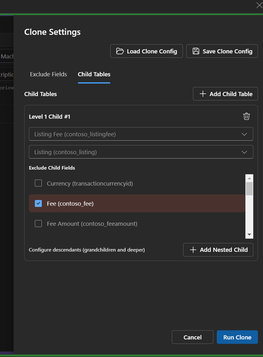 Image showing clone child table settings