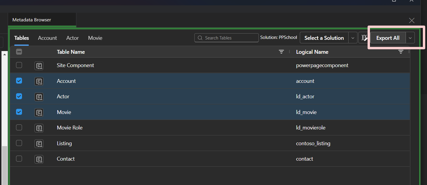 Image of the Metadata Browser = Excel export button