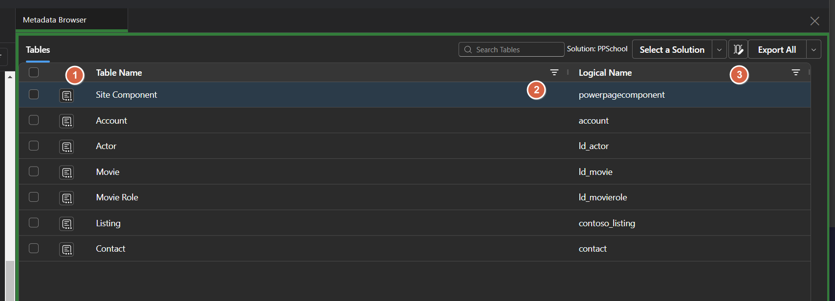 Image of the Metadata Browser Table screen